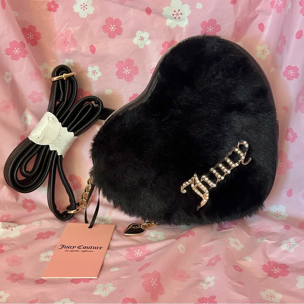 Juicy Couture Black Licorice Fuzzy Heart Crossbody Purse Handbag Black New NWT